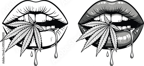 Lips with Marijuana Leaf and Drips