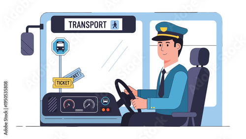 Bus Driver on Duty: A professional bus driver, smartly attired, navigates the vehicle with confidence, showcasing a commitment to safe and reliable public transport.