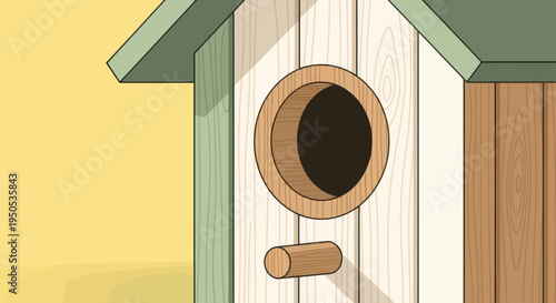 Close up of a wooden birdhouse with a perch and entrance hole.