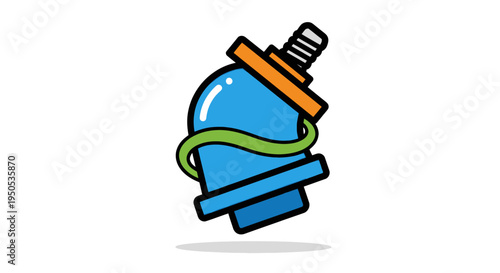 Stylized blue bottle with green ribbon and orange cap