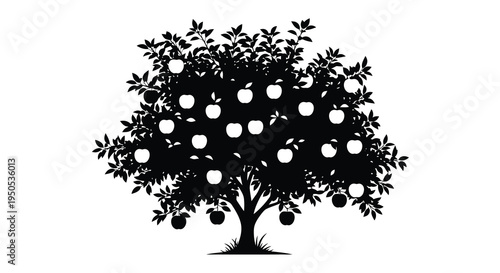 A striking black silhouette depicts a lush apple tree heavily laden with ripe fruit showcasing nature s bounty high quality