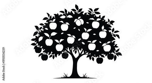 A striking black silhouette depicts a flourishing apple tree laden with ripe fruit showcasing nature s abundance high quality professional