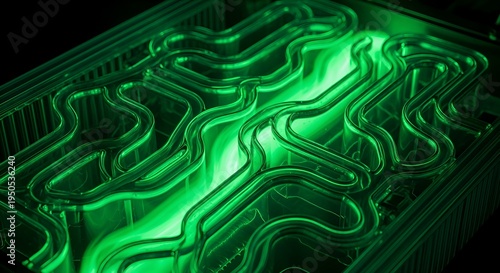 Dynamic glowing green pathways illustrating advanced technological systems and intricate fluidic networks, symbolizing innovation and interconnected processes