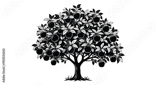 A stylized black and white illustration depicts a lush apple tree heavily laden with ripe round fruits high quality professional detailed