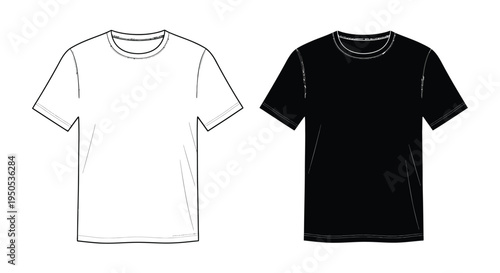 A graphic illustration displays two t shirts one white and one black presented as fashion design templates high quality professional