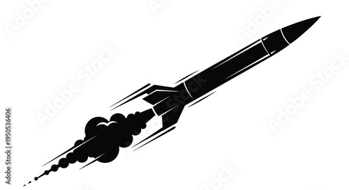 A sleek black silhouette of a rocket ascending with fiery exhaust trails against a stark white background high quality