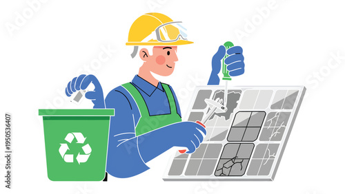 Solar Panel Technician in Action: A diligent technician, clad in work attire, repairs a damaged solar panel with focus and precision, ensuring sustainable energy.