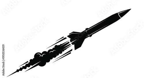 A stark black silhouette depicts a rocket ascending rapidly leaving a trail of exhaust flames behind it high quality