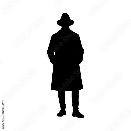 Silhouette of a man in a trench coat and hat standing with hands in pockets on white background mysterious figure