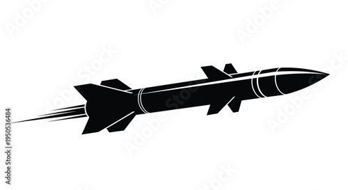 A stark black silhouette depicts a missile in mid flight leaving a trail of exhaust behind it high quality professional