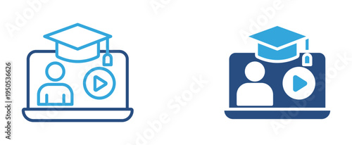 Online education icon set. Laptop with graduation cap, student profile and video lesson icon, e-learning and digital course concept. Vector illustration.