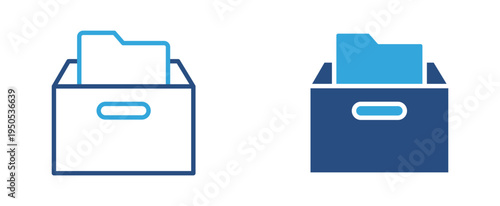 Document archive icon set. File folder in storage box icon, data organization and file management concept. Vector illustration.