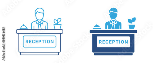 Hotel reception desk icon set. Receptionist at front desk icon, customer service and hotel check-in concept. Vector illustration.