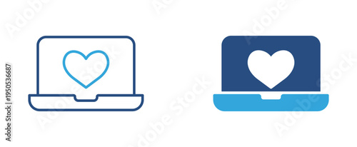 Online love reaction icon set. Laptop with heart icon, social media like and digital communication concept. Vector illustration.