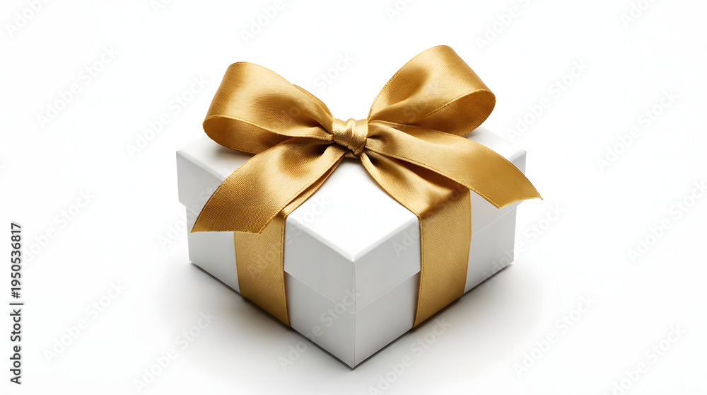 Obraz premium A beautifully wrapped gift box with a luxurious gold ribbon, perfect for any occasion. The gift box exudes elegance and anticipation.
