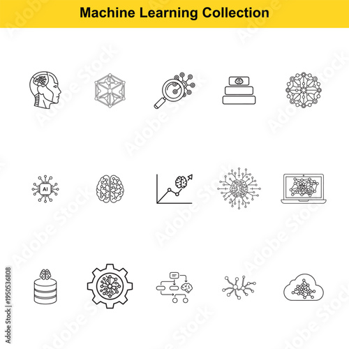 Machine learning collection icons show artificial intelligence processes, data structures,.