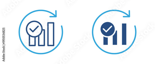 Performance growth icon set. Bar chart with check mark and circular arrow icon, business analytics and progress tracking concept. Vector illustration.