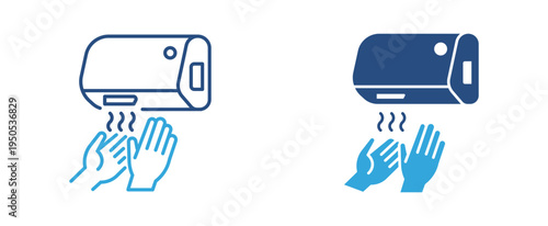 Hand drying with air dryer icon set. Electric hand dryer with hands icon, hygiene and public restroom equipment concept. Vector illustration.