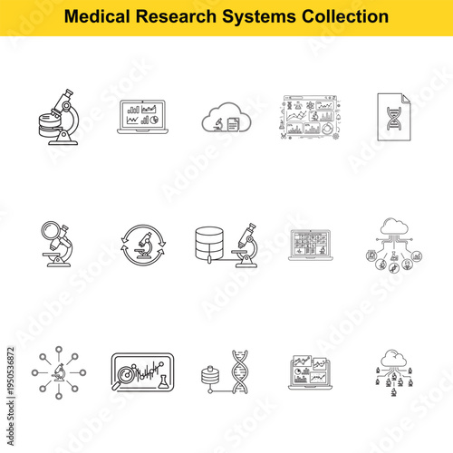 Microscope and data icons show core components involved in modern computerized medical research.