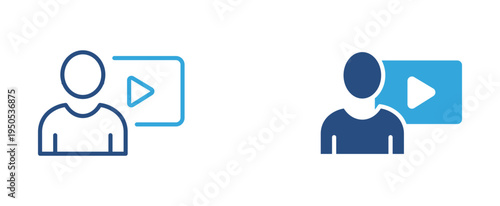 Video presentation icon set. Person with play button screen icon, online tutorial and video content concept. Vector illustration.