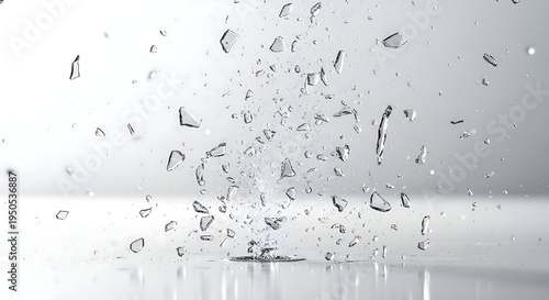 Countless water droplets suspended and splashing dynamically against a pristine white background, creating a refreshing and abstract display of liquid motion
