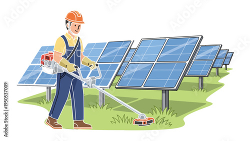Maintaining the Future: A skilled worker meticulously trims the grass surrounding a field of solar panels.