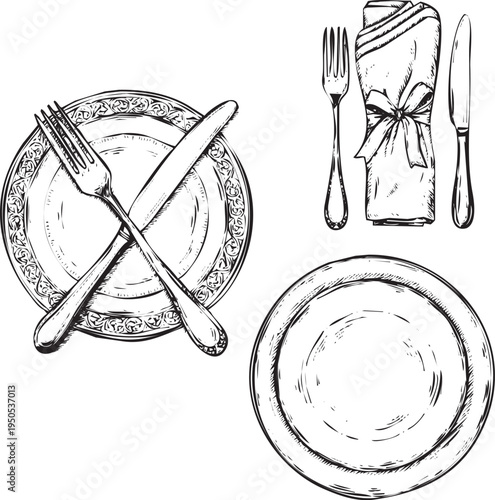 Table setting with cutlery and plates napkin tied with ribbon engraving art design