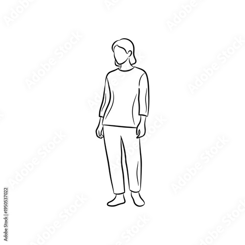 Standing adult figure in casual outfit simple line drawing minimalistic illustration black and white full body no facial features plain background