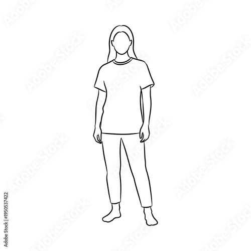 Simple line drawing of a woman in casual clothing standing with her arms at her sides on a white background