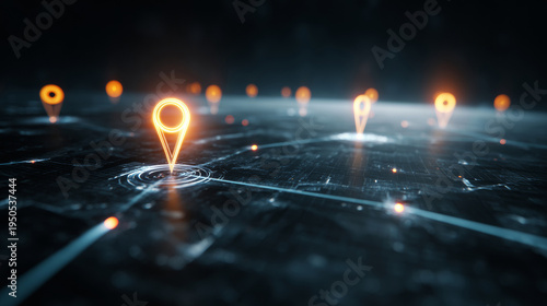 Digital map displaying interconnected glowing markers on an abstract dark grid, representing location, journey, and technology