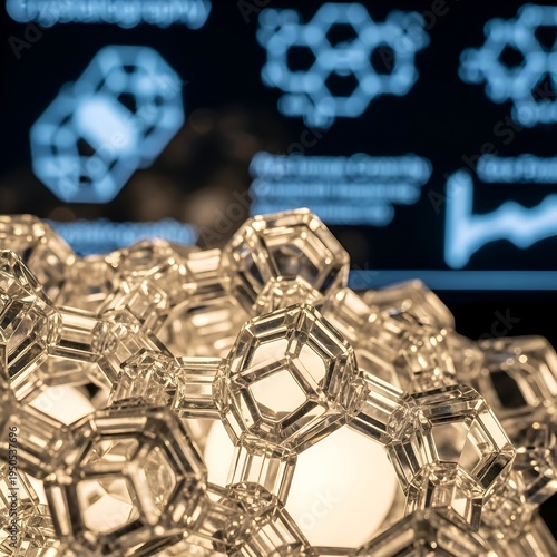 Close-up of a translucent molecular structure with scientific diagrams in the background, representing chemistry and research