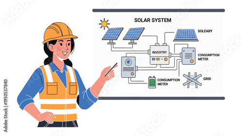 Empowering the Future: Engineer unveils a detailed solar system diagram, illustrating the sustainable technology for a greener future.