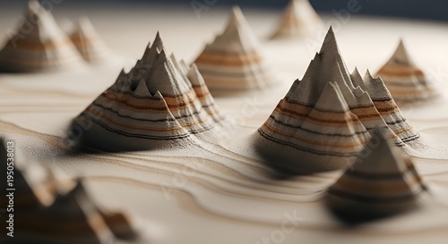 Abstract Layered Mountain Peaks Creating a Geometric Topographic Landscape with Subtle Stratification and Earthy Tones, a Minimalist 3D Rendered Design