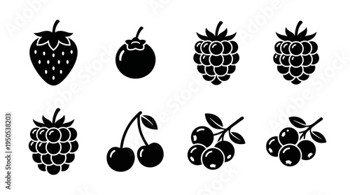 A variety of black silhouette fruits including strawberries, cherries, and berries on a white background