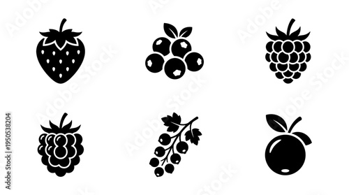 A collection of black silhouettes of various berries and fruits on a white background