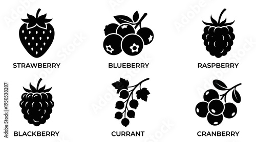 Collection of black silhouette fruit icons featuring strawberries, blueberries, and raspberries