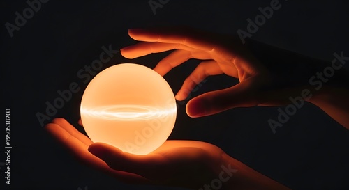 Human hands gently embrace a vibrant, luminous orb, casting an ethereal glow in the profound darkness, symbolizing discovery, potential, and the spark of creation