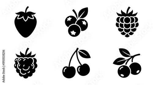 A collection of six black silhouette fruit icons including strawberries, cherries, and berries