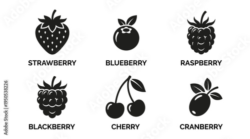 Collection of six black and white fruit icons featuring strawberries, blueberries, and cherries