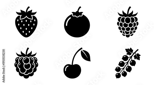 A collection of six stylized fruit silhouettes including strawberries, cherries, and berries on a white background