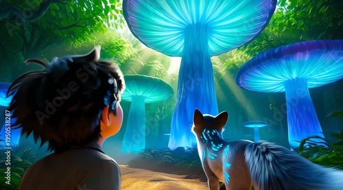Young man and magical fox exploring a glowing mushroom forest
