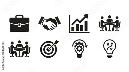 Business Meeting Icons Representing Collaboration, Growth, and Ideas in a Professional Setting