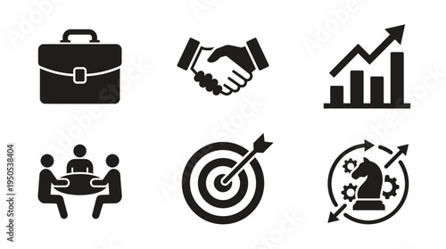 Business icons representing teamwork, growth, and strategy in a professional setting