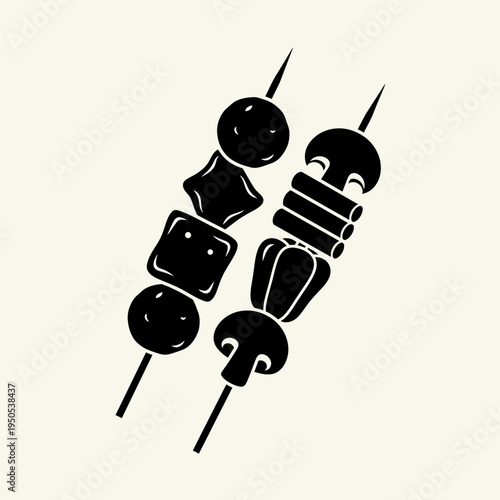 Two silhouette skewers with various food items including mushrooms, bell peppers, and cubed ingredients, presented on a light background.