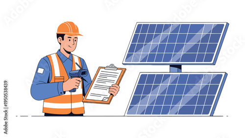 Solar Panel Inspection: A dedicated engineer meticulously inspects the photovoltaic panels, ensuring optimal performance and efficiency for sustainable energy generation.