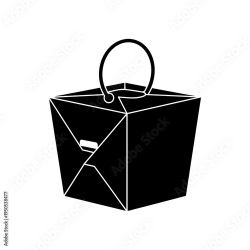 A simple black and white illustration of a Chinese takeout food container with a handle.