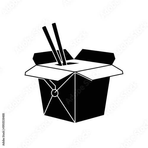 A black and white illustration of an open Chinese takeout box with chopsticks inserted, symbolizing food and dining.