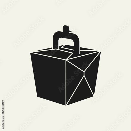A minimalist black and white illustration of a Chinese takeout food container with a handle.