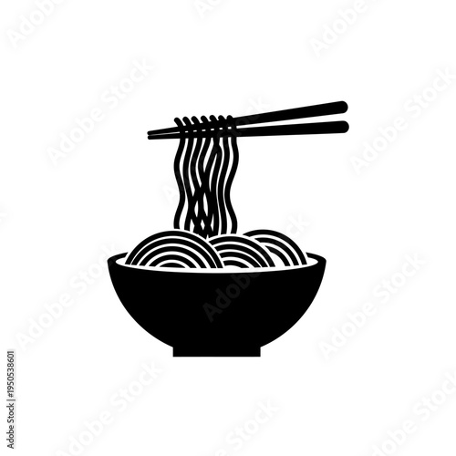 A black and white illustration of chopsticks lifting a portion of steaming noodles from a bowl.
