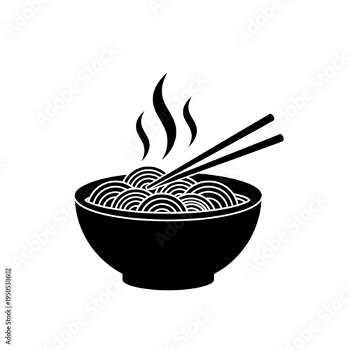 A black and white illustration of a steaming bowl of noodles with chopsticks resting on top.